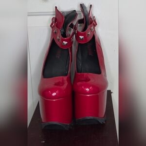 Demonia Red Platform Shoes with Studded Strap